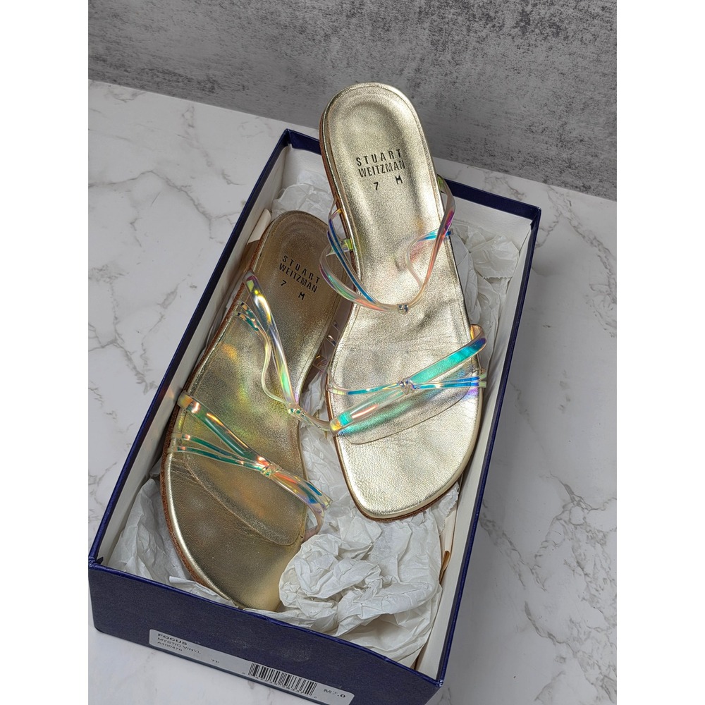 Stuart Weitzman Focus Gold Iridescent Holographic Kitten Heel Sandals 7M Y2K - Picture 2 of 12
